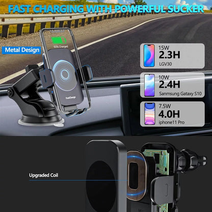 15W Wireless Car Charger Phone Mount Fast Charging Auto Clamping Phone Holder for Iphone 15 14Pro Max, Samsung Galaxy S23 Ultra S22 S21 Note 9-Black