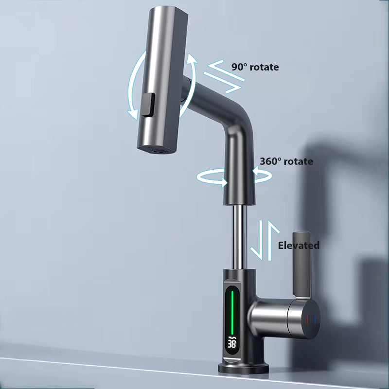 Waterfall Temperature Digital Display Basin Faucet Lift up down Stream Sprayer Hot Cold Water Sink Mixer Wash Tap for Bathroom