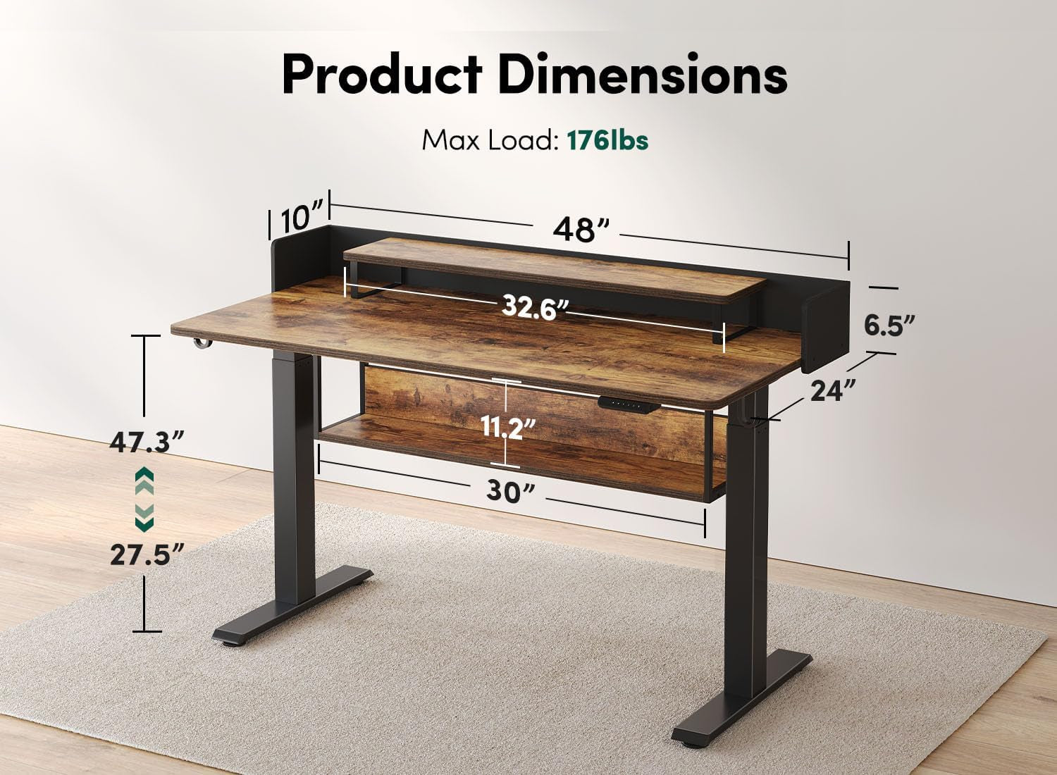 48" Electric Height Adjustable Standing Desk with Double Shelves, 48 X 24 Inch Home Office Desk with Monitor Stand and Storage, Sit Stand Rising Desk, Rustic