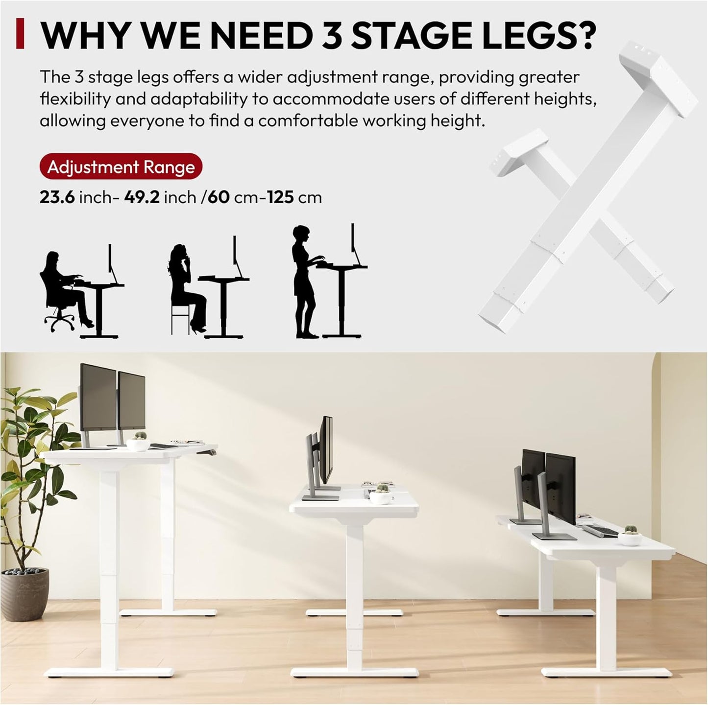 55" Electric Standing Desk, Dual Motor Height Adjustable Desk, Stable and Durable 3-Stage Stand up Desk for Home Office (White Frame/55 X 28 Inch White Top)