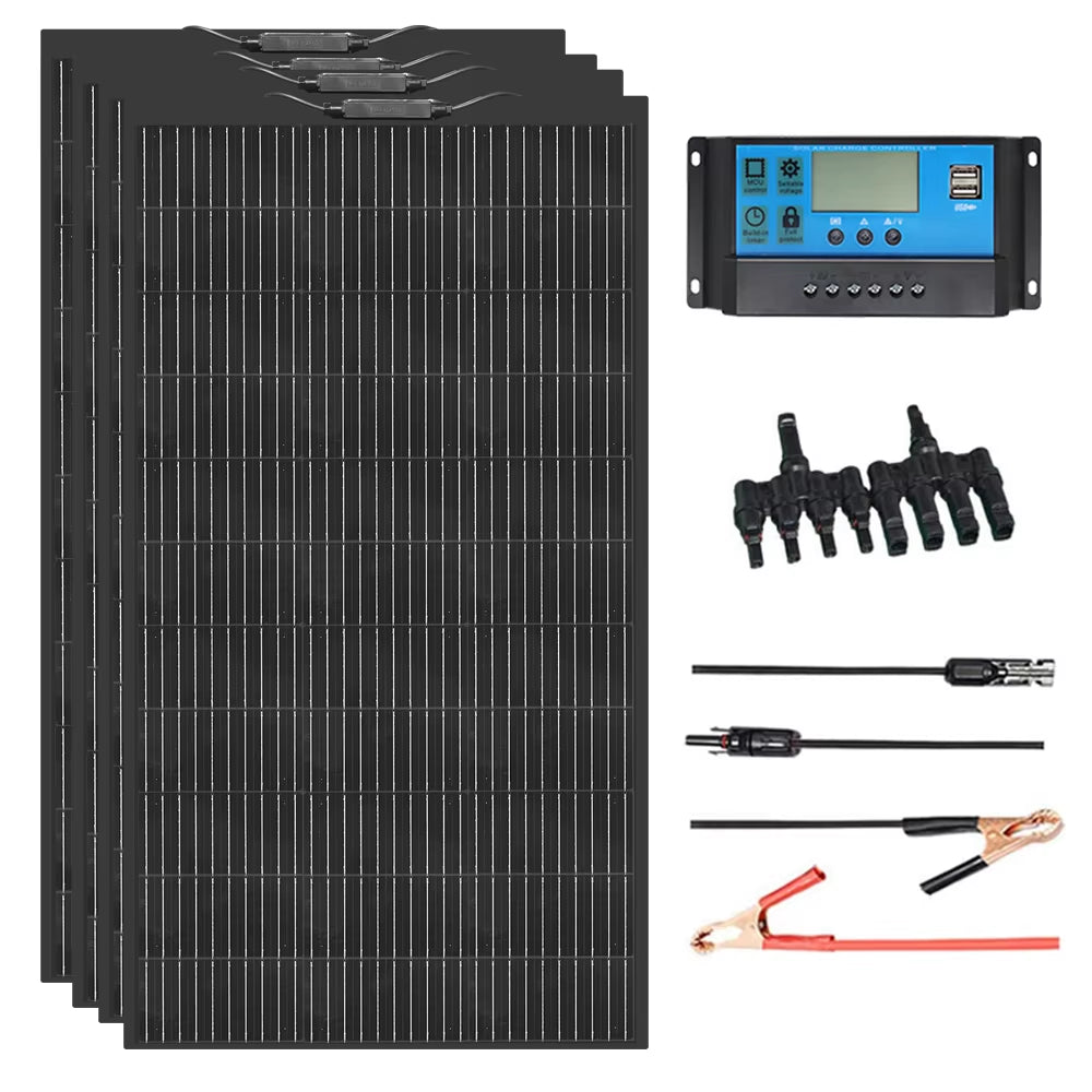 Flexible Solar Panel 12V Kits 240W 360W 480W 600W 720W Charge Controller Cable for Battery RV Trailer Boat Cabin Caravan Truck