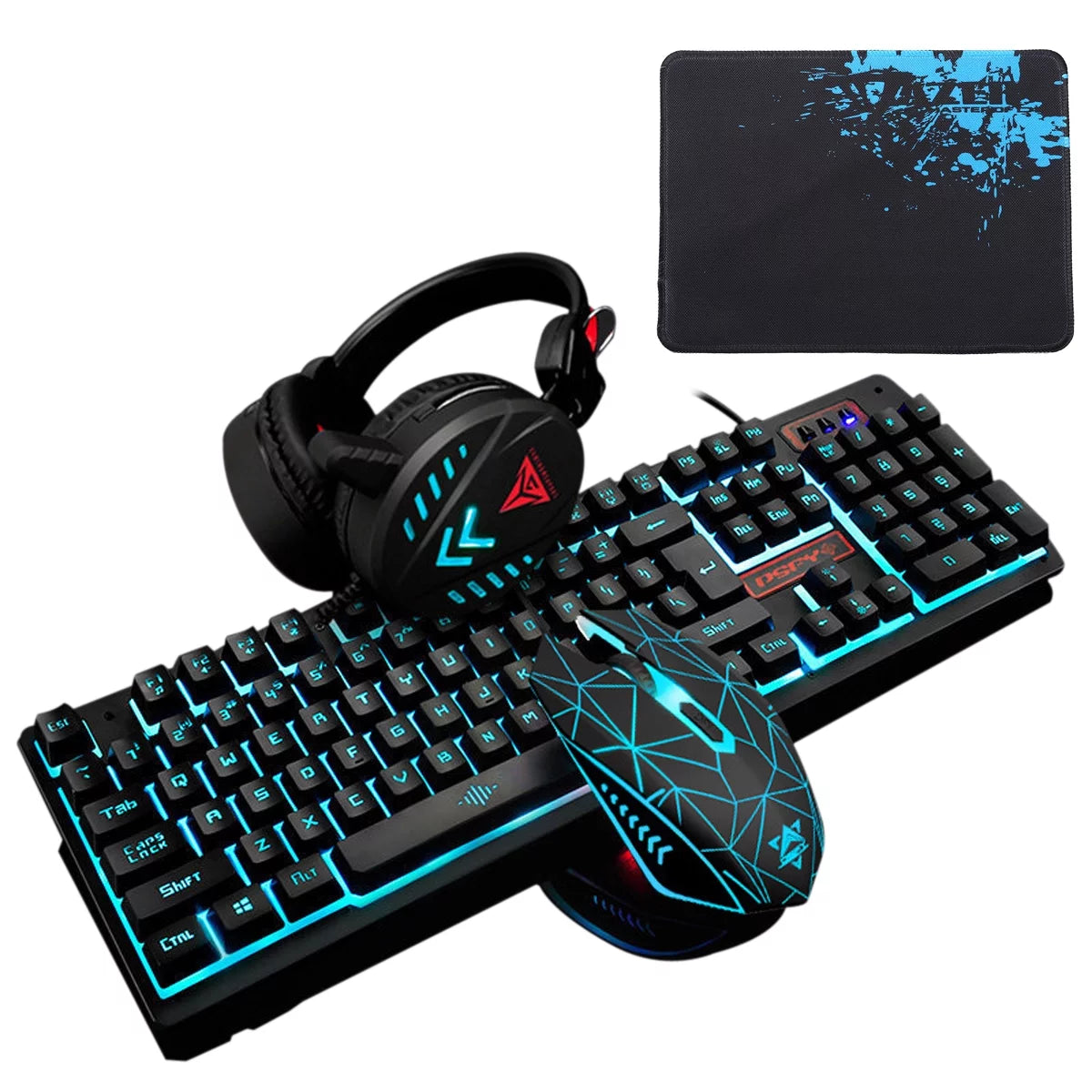 Gaming Keyboard and Mouse Combo with Headset, K59 RGB Backlit 3 Colors Keyboard, 6 Button 4DPI USB Wired Gaming Mouse, Lighted Gaming Headset with Microphone Set for Gamer